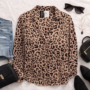 H&M Divided Leopard Print Button Down Blouse Tan Black Size 6